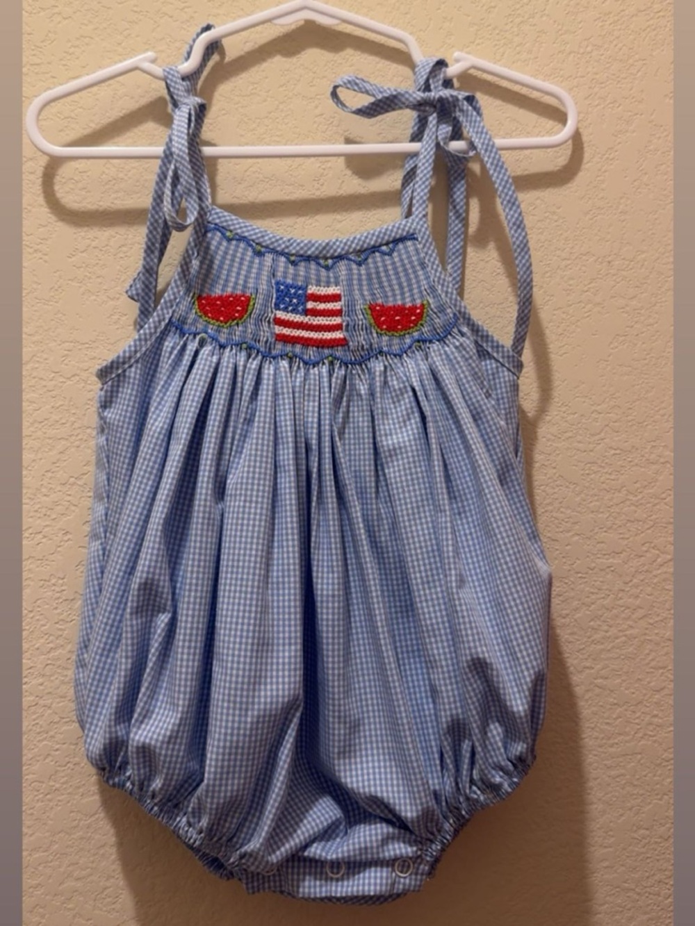 Blue Gingham Girls' Tie-Shoulder One-Piece with Flag & Watermelon Embroidery